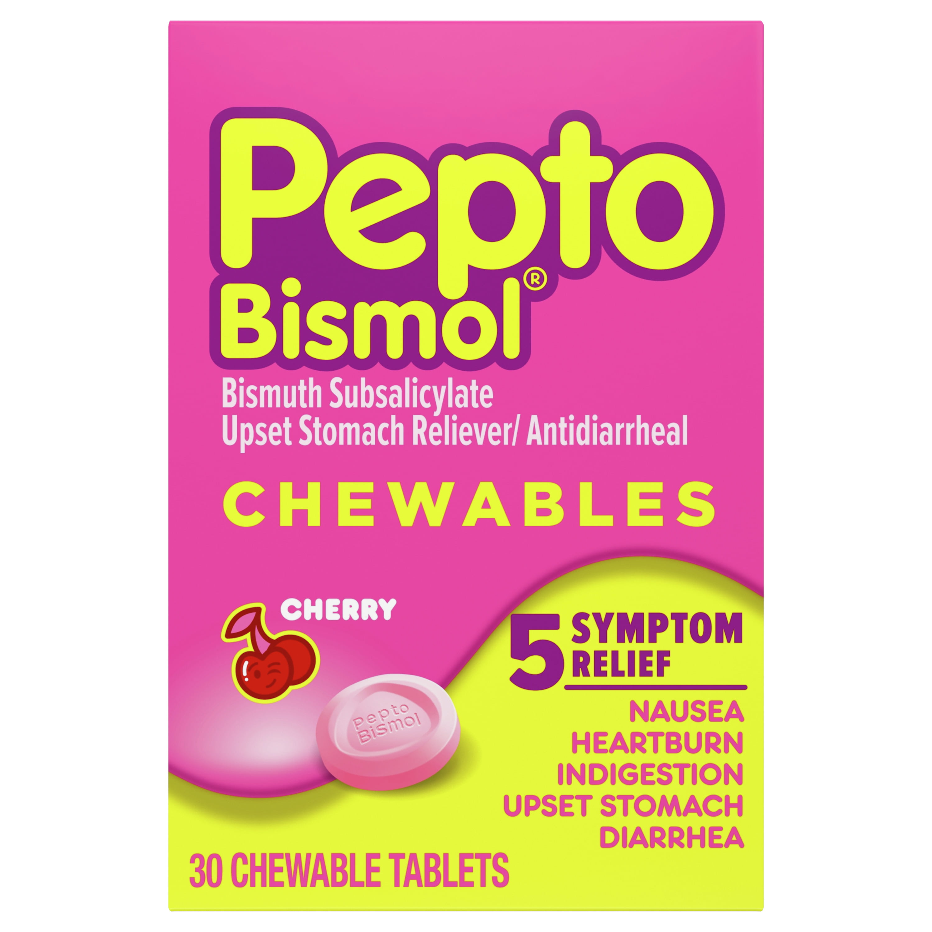 Pepto Bismol Chewable Tablets 5 Symptom Stomach Relief, Cherry, 30 ct