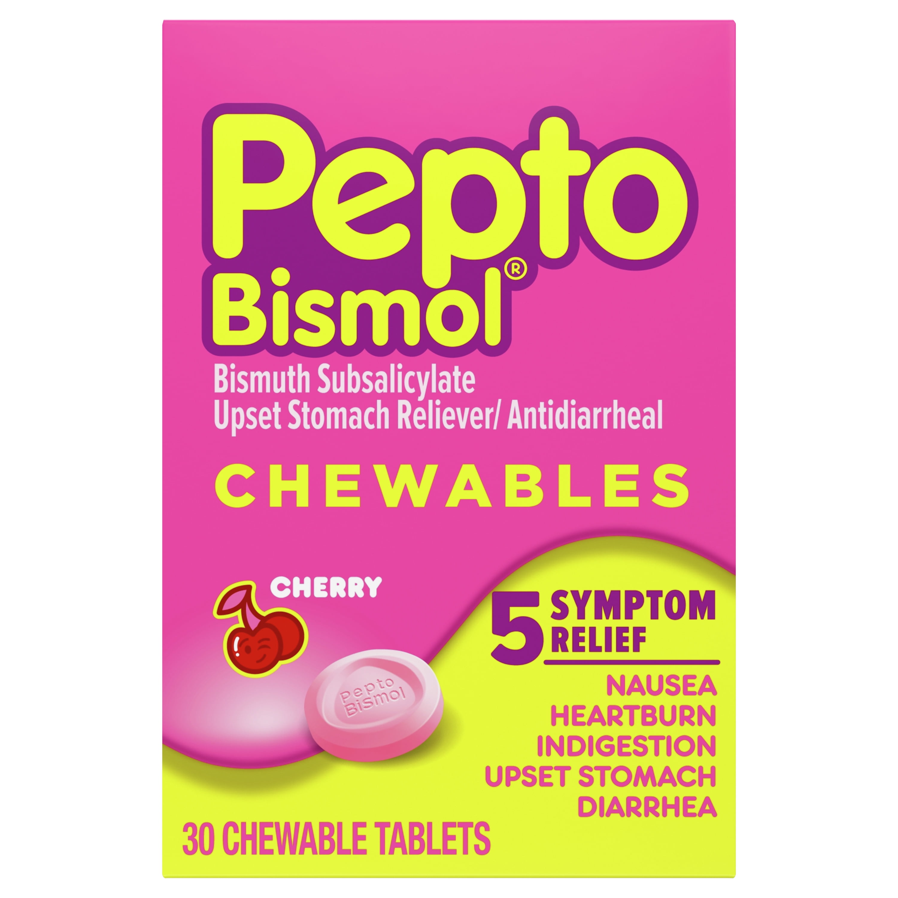 Pepto Bismol Chewable Tablets 5 Symptom Stomach Relief Cherry 30 Ct 