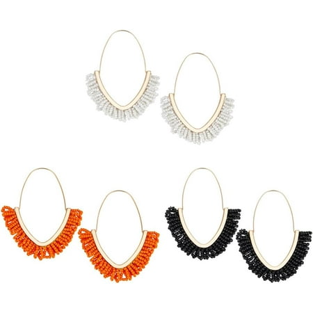 3 Pairs Boho Beaded Dangle Earrings for Women Orange White Black V-shaped Beaded Statement Tassel Stud Earrings Geometric Vintage Drop Dangle Earrings Trendy Hoop Earrings for Gifts colorful DIY