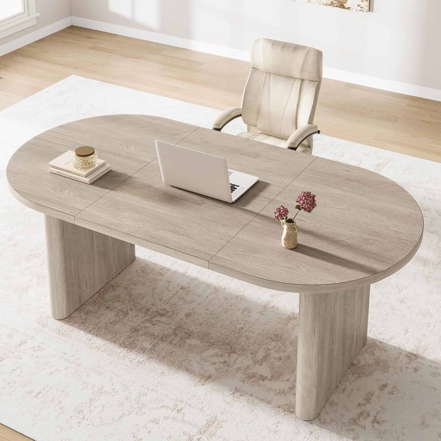 M optimized Oval Computer Desk, Long Large Executive Desk Wooden Home Office Desk, Writing Table Computer Table Workstation for Home Office
