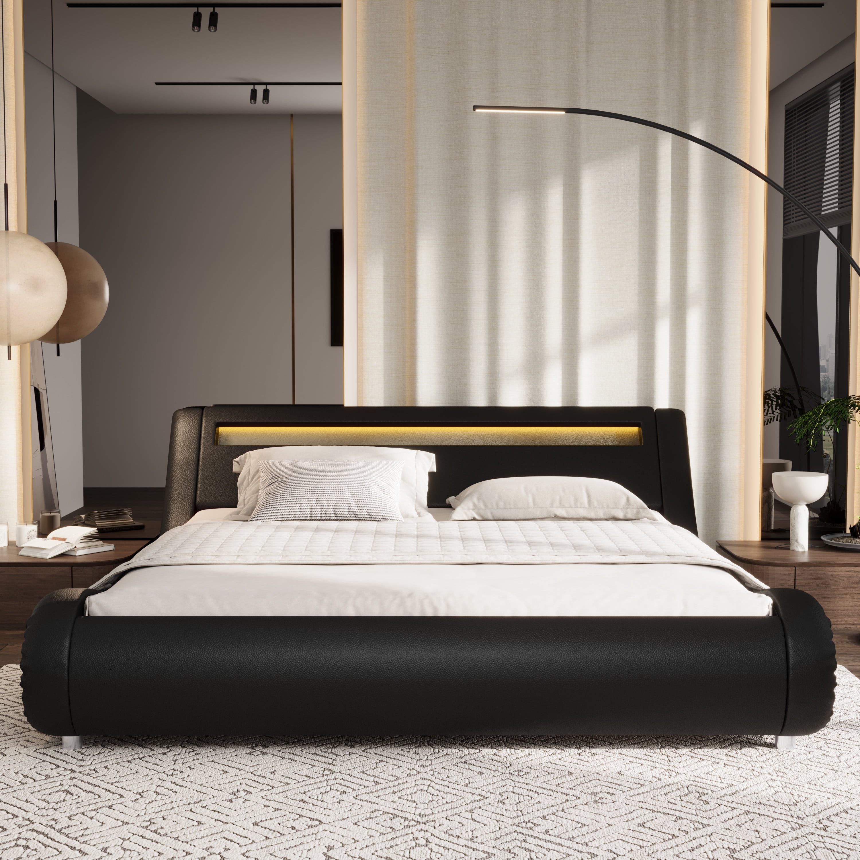 Sifurni King size Wave-Like Curve Deluxe Upholstered Modern Bed Frame with LED Headboard, Black