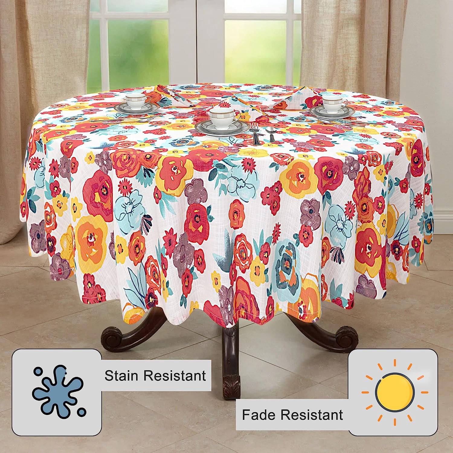 Ruvanti Table Cloth 70" Round 4-6 Seats, Quality 100% Cotton Round Tablecloth, Washable, Reusable Table Cloths, Multi Color Flower Design for Buffet Table, Parties, Holiday Dinner, Wedding & More