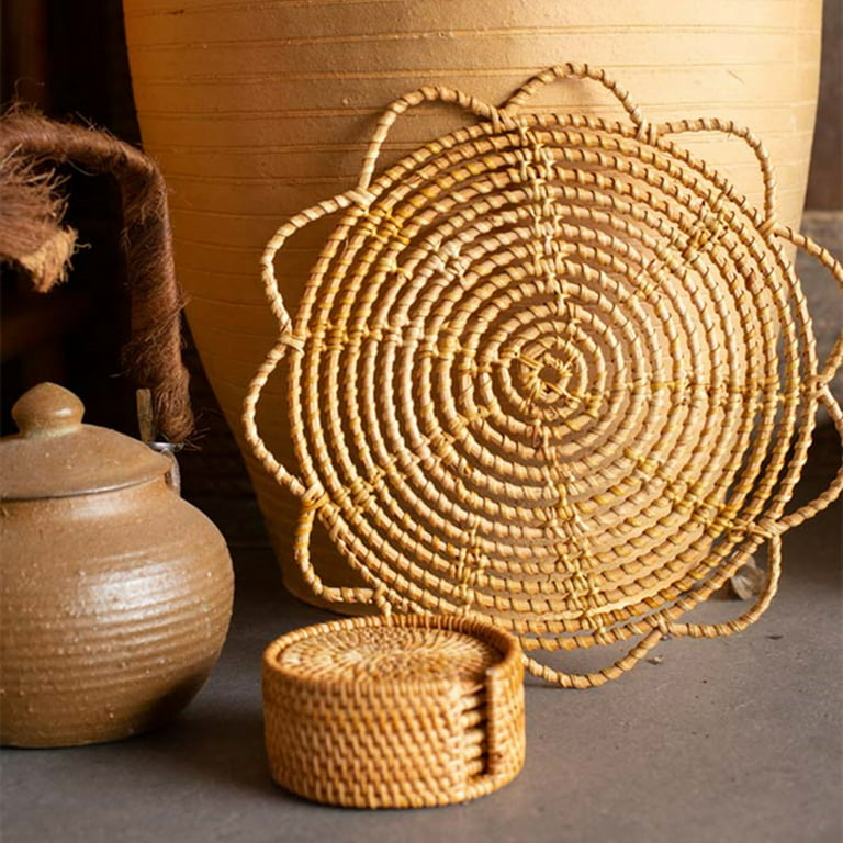 Natural Round Flat Basket Tray Woven Straw Sweet Grass Pinwheel Design  Hanging Wall Basket Boho Decor