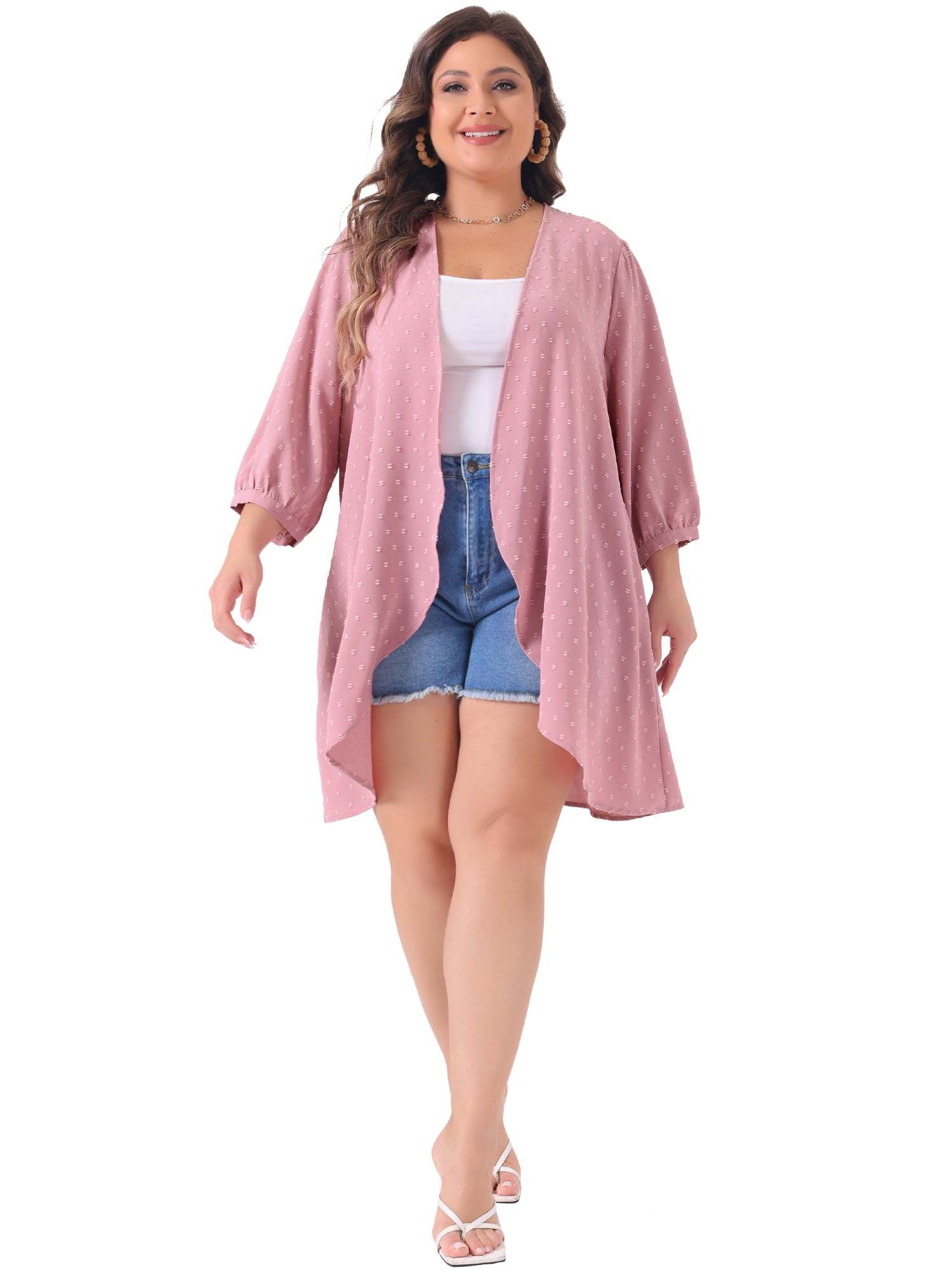 DARING DIVA Plus Size 3/4 Sleeve Swiss Dots Cover Up Cardigan 1X Pink