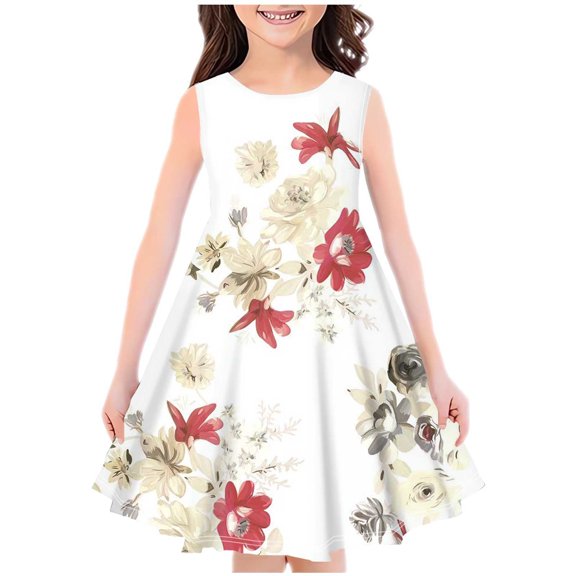 Girls Print Dress Sleeveless Casual Floral 4-12t Midi Swing Dress Cotton Trendy Children Preppy Clothes, White, 7 Years