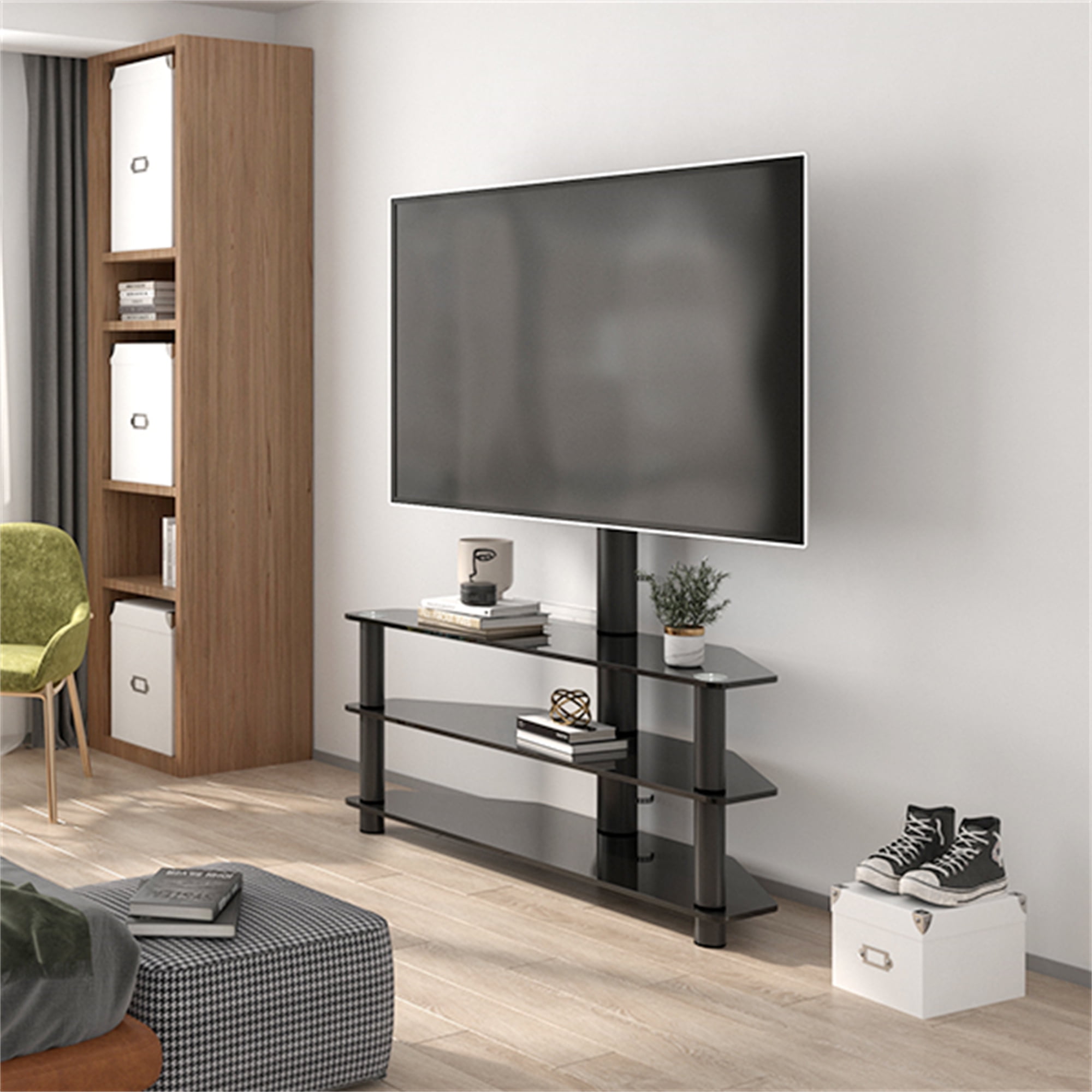 Bellemave Black Tempered Glass TV Stand, Height Adjustable Bracket Swivel 3Tier Entertainment