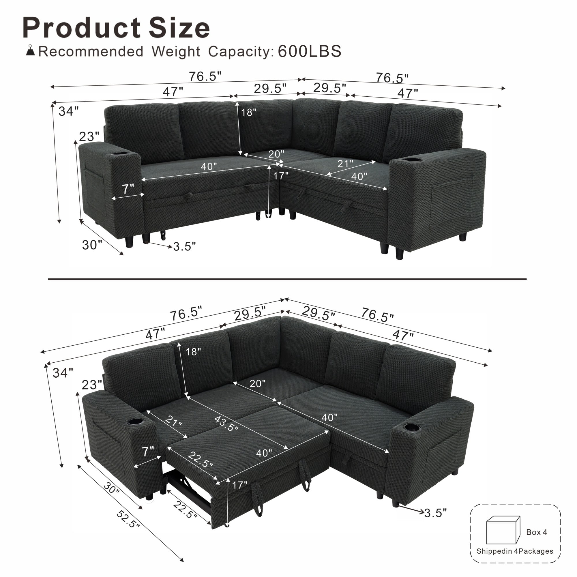 BSHTI 76.5" Polyester L-Shaped Sectional Sofa Bed with Hidden Storage, Cup Holders, Side Pockets, Pull-Out Design for Living Room(Dark Gray)