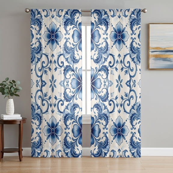 Symmetric Blue Flower Sheer Curtains 84 Inch Length 2 Panels Set, Vintage Ethnic Floral Leaves Voile Window Treatment Rod Pocket Curtains Sheers Drapes for Bedroom/Living Room/Kitchen 52"x84"x2