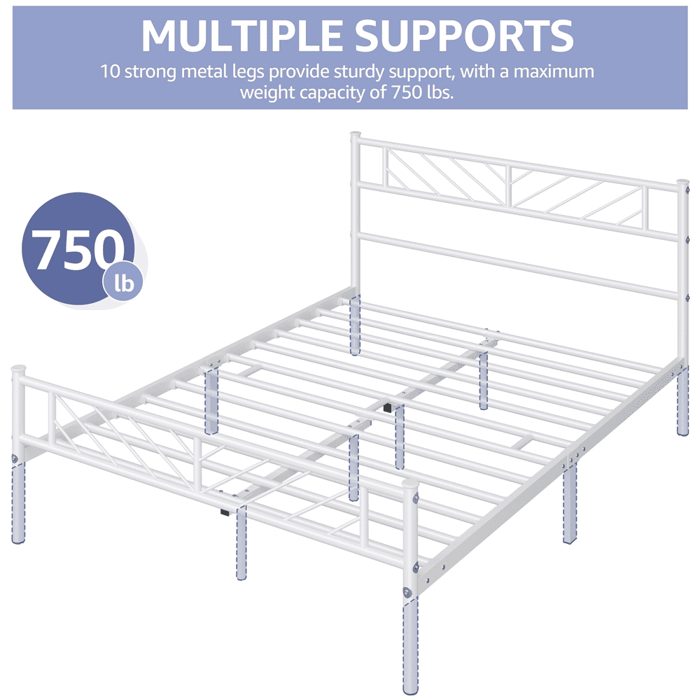 Fullfurnique Minimalist Metal Platform Bed with Arrow Design Headboard for Adult, Queen, White