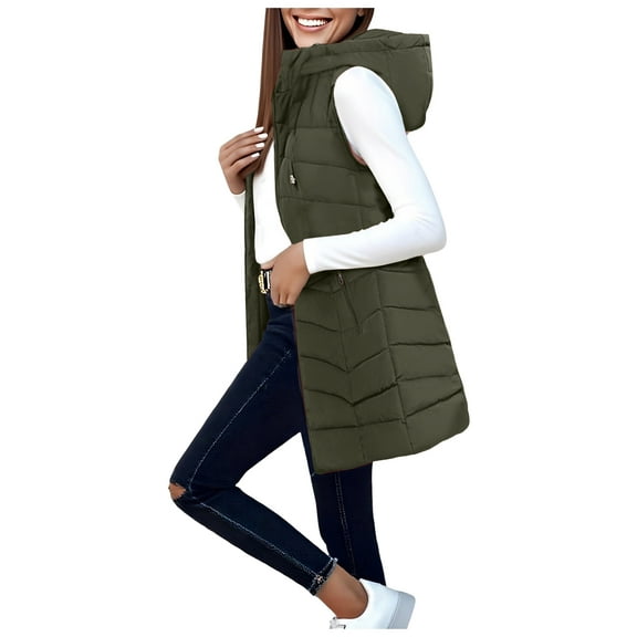 felwors Women's Long Hooded Down Zip Vest - Lightweight Quilted Padding with Pockets AG, XXXXXL/XXXXL