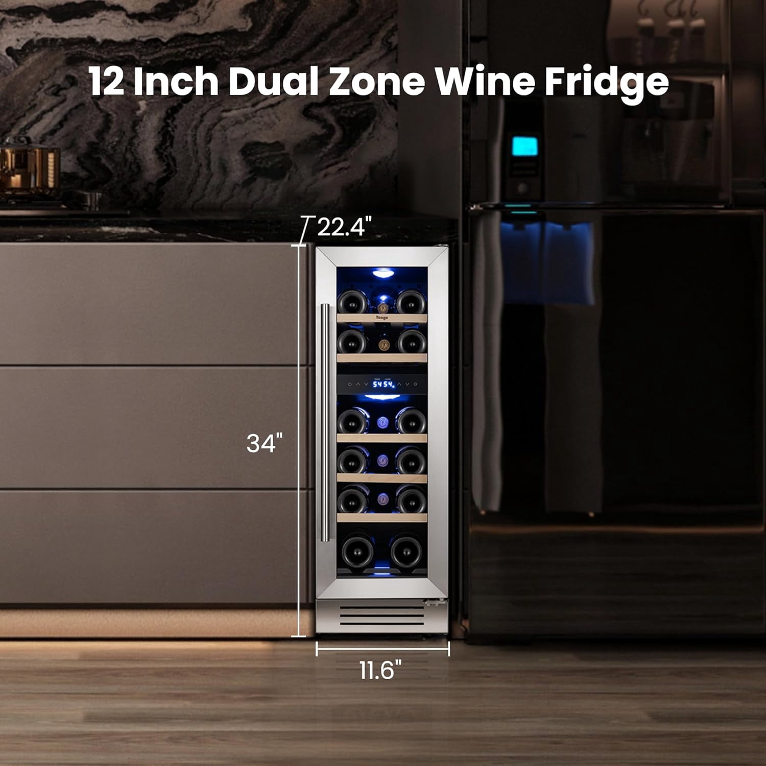 Yeego Wine Fridge Cooler - 12 Inch Wine Fridge Hold 17 Bottles, 40-65°F Dual Zone Wine Refrigerator Glass Door, Built in Fridge, Freestanding or Adjustable Shelves Fridge for Home Bar Office