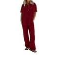 thumbnail image 2 of Sanbonepd Linen Sets for Women Plus Size 2 Piece Casual Plain Short Sleeve V Neck Linen Shirt with Pants Loose Vacation Summer Outfits Burgundy, 2 of 5