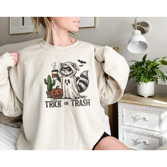 Trick or Trash Sweatshirt, Ghost Raccoon Drinking Coffee Sweatshirt, Spooky Season, Fall Coffee Lover Hoodie, Halloween Pumpkin Sweatshirt