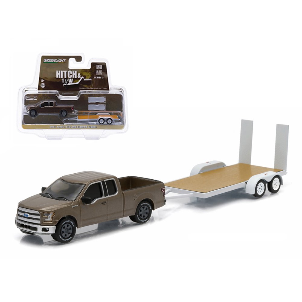 2015 Ford F150 Pickup Truck Brown and Flatbed Trailer 1/64 Diecast