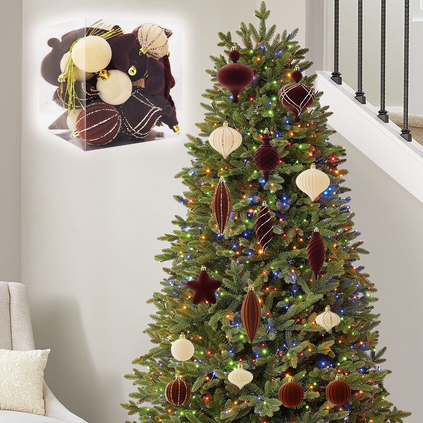 Boule De Noël Floquée Velours Marron 8 Cm - Texture Douce, Boîte Cadeau Incluse, Décoration Sapin