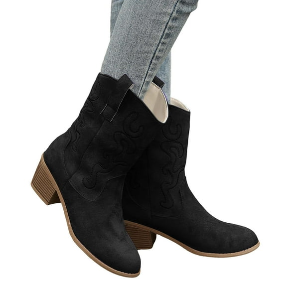 Womens Wide Mid Calf Cowgirl Boots Boho Vintage Suede Stacked Chunky Heeled Cowboy Riding Boots