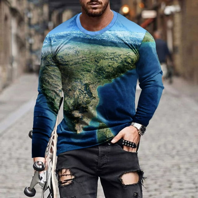 TIMIFIS Hauts pour Hommes Imprimé Graphique T-Shirt à Manches Longues Imprimé Quotidien Hauts Basiques Élégants Col Rond-Bleu Automne