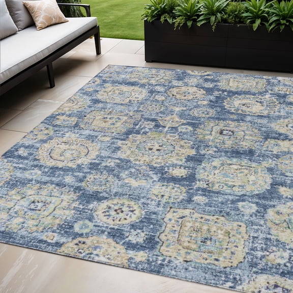 HomeRoots 579440 5 x 8 ft. Floral Washable Indoor & Outdoor Rectangle Area Rug, Navy Blue & Beige