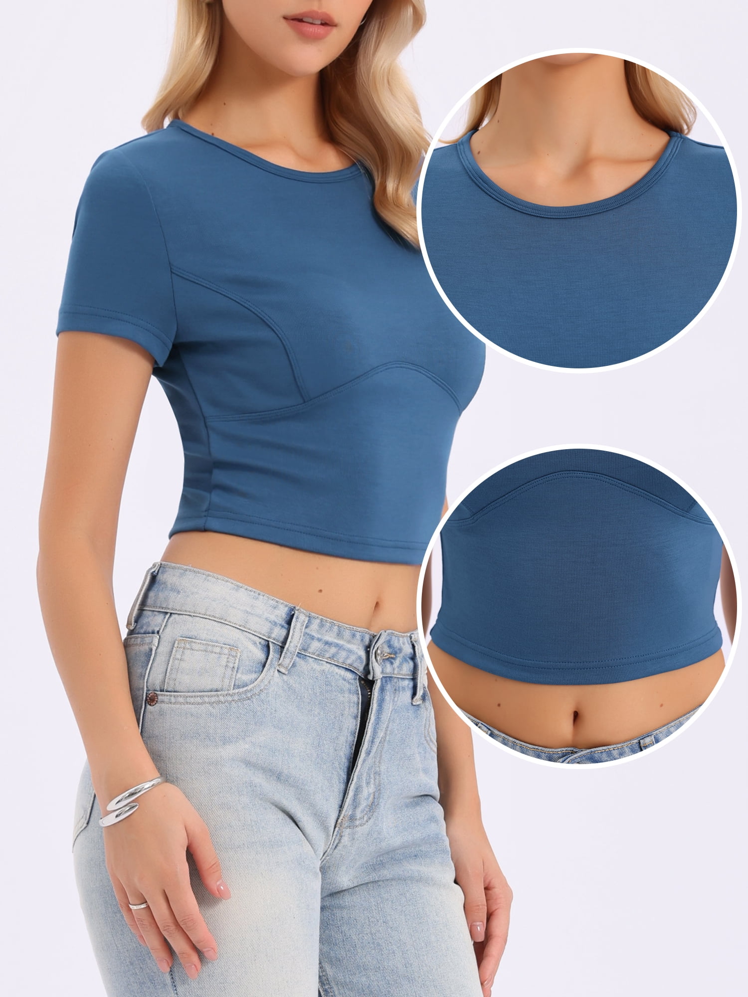 DARING DIVA Women's Crop Tops Tight Shirts Streetwear Slim Fit Trendy Top M Gray Blue