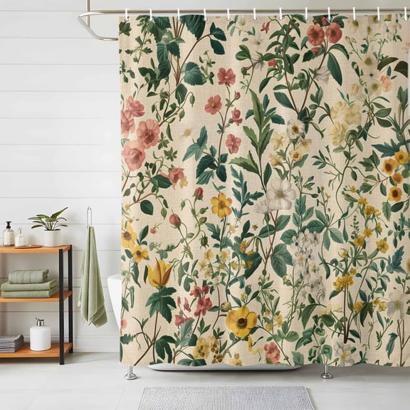 Shower Curtain Spring Wildflower Green Leaf Shower Curtains for Bathroom Decor, Waterproof Polyester Shower Curtain Set with Hooks, Small Stall Size 36" x 72" Vintage Plant Beige