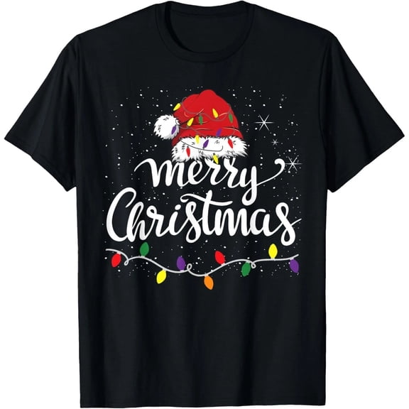 Merry Christmas Lights Santa Hat Unisex T-Shirt Holiday Family Graphic Tee