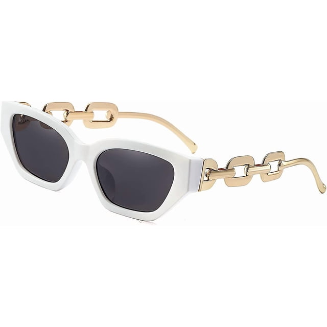 Retro Cat Eye Sunglasses For Women Hexagon Narrow Rectangle Frame Metal Chain Arm Luxury Sunglasses