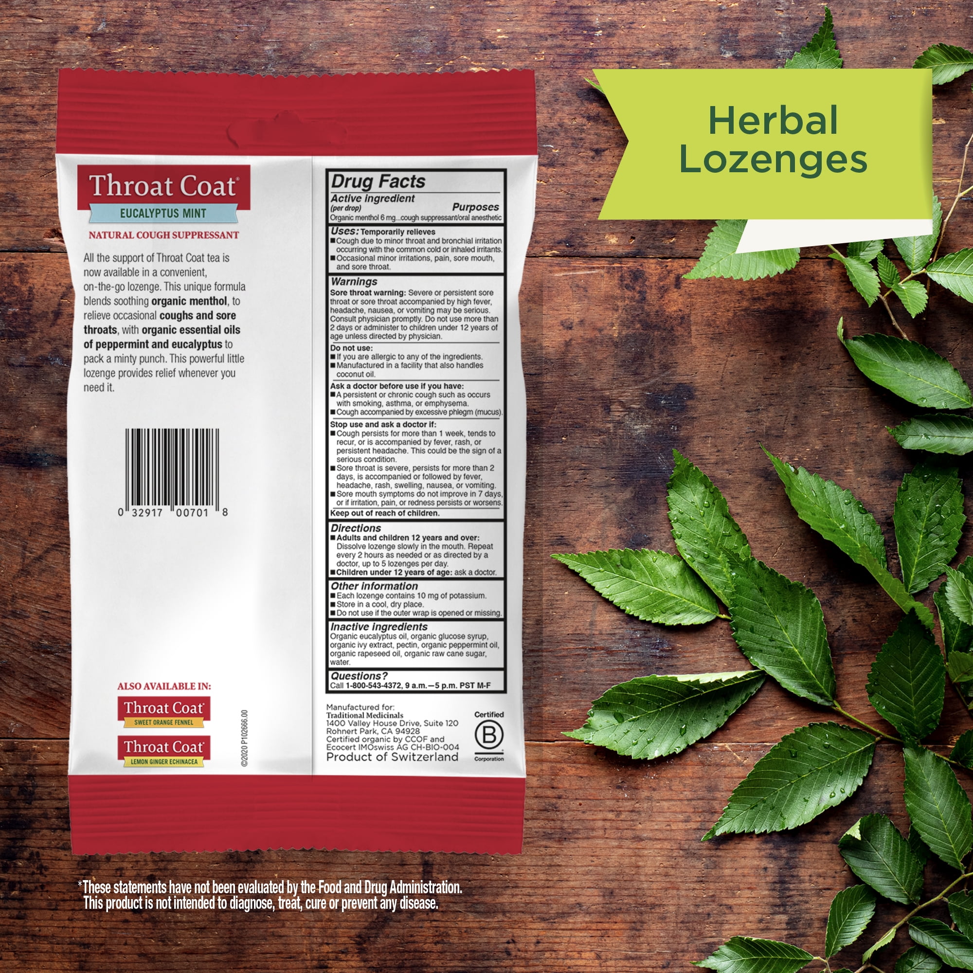 (3 pack) Traditional Medicinals Organic Eucalyptus Mint Throat Coat Cough Drops