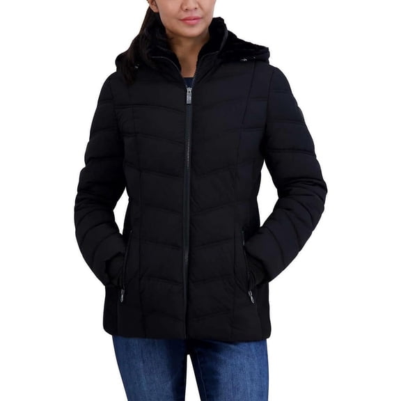 Nautica Women's Stretch Puffer Detachable Hood Fleece Pockets Jacket (Black,Medium)