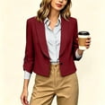 thumbnail image 2 of Hueook Crop Blazer Women Slim Fit Business Casual Quarter Sleeve Lapel Open Style Suit Short Jacket Jacket with Pockets Wine S, 2 of 9