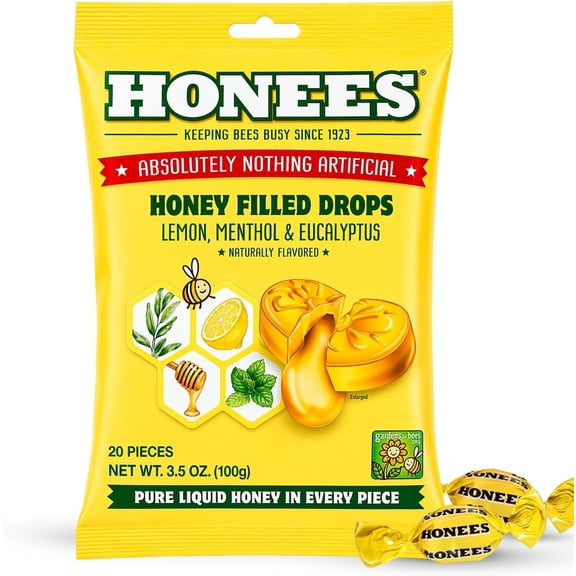 Honees Cough Drops - Honey Lemon - Lemon Menthol - 20 Cough Drops
