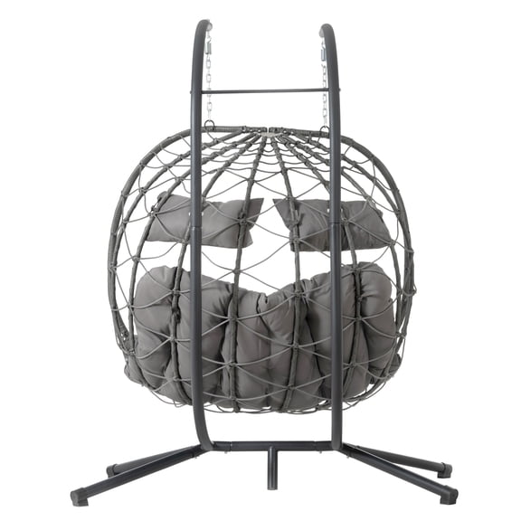 Light Grey 2-Person Wicker Hanging Egg Chair with Stand, PE Rattan Swing Chair for Indoor Outdoor Bedroom Living Room Balcony Patio