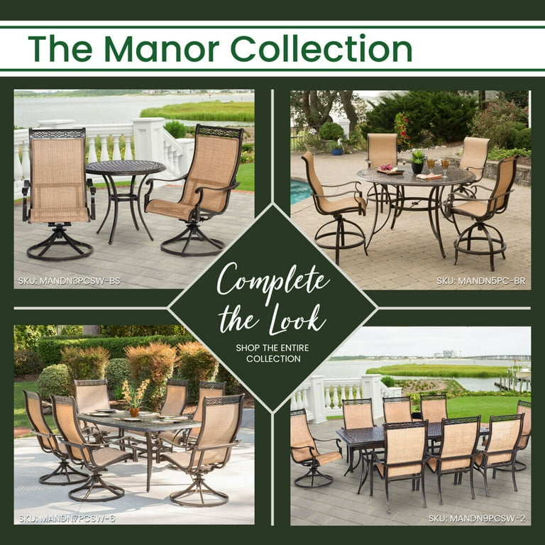 Hanover Manor 7 Piece Outdoor Patio Furniture Set with Rust Free Cast Top Aluminum Rectangular Dining Table and 6 Tan PVC Sling Swivel Rockers Modern