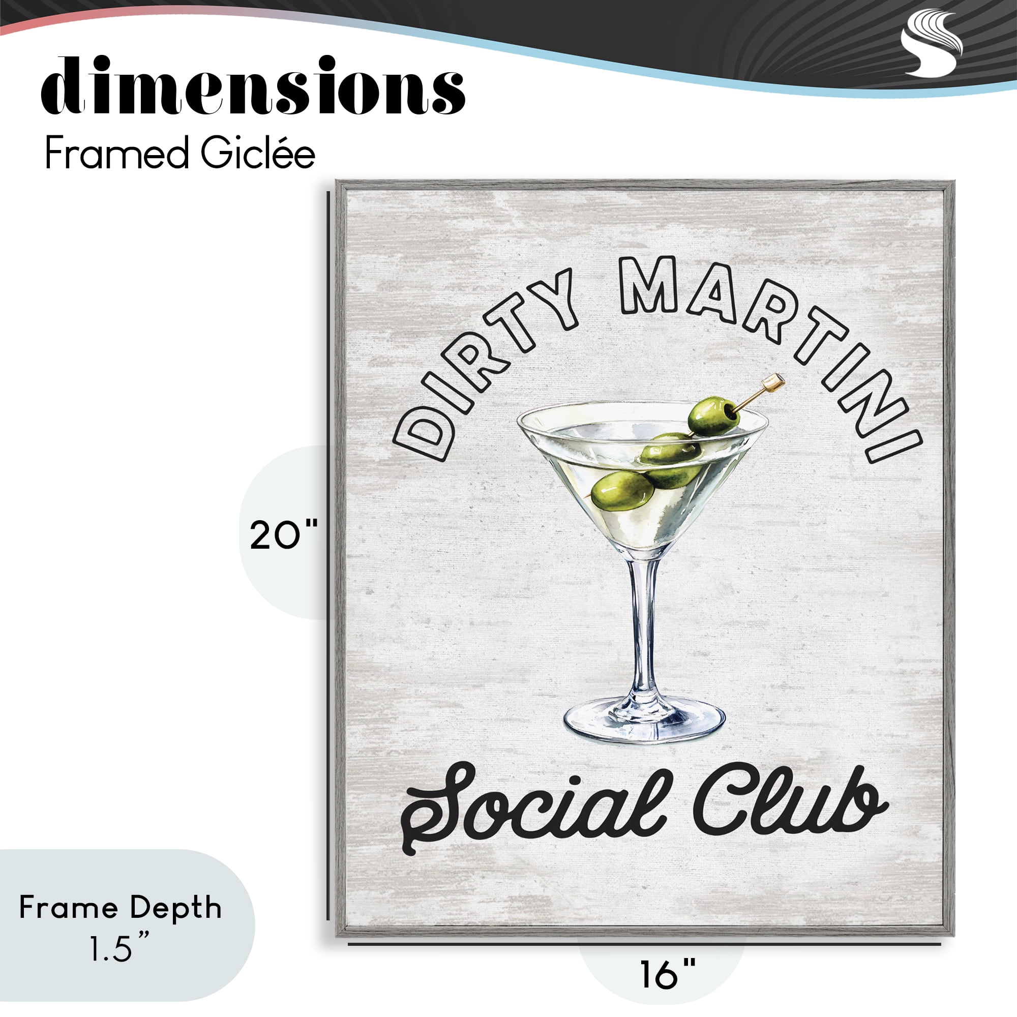 Stupell Industries Dirty Martini Social Club Gray Framed Giclee Art, design by Lettered and Lined
