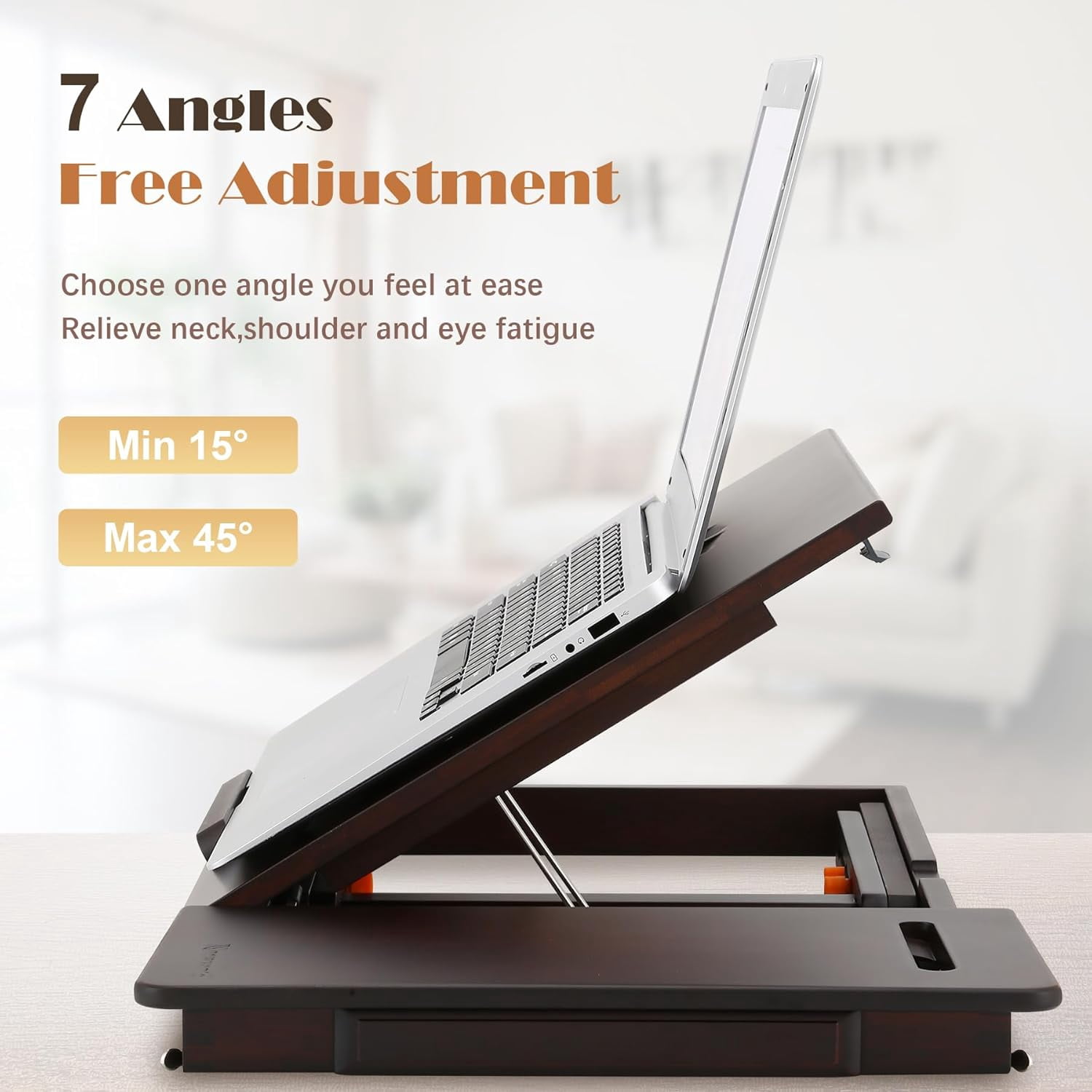 Bamboo Laptop Desk for Bed with Adjustable Fan, Drawer & Phone Slot - 7 Angles 4 Heights Foldable Lap Table