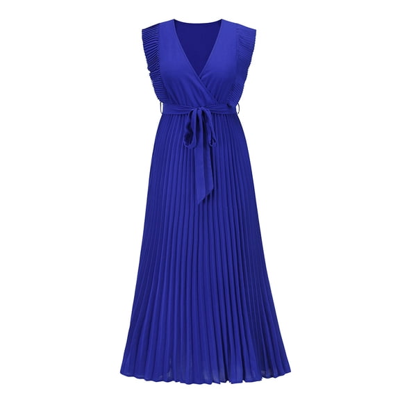 2026 Summer New Women's Burgundy Sleeveless Pleated Midi Dress, V Neck Wrap Self Tie Waist Ruffle Shoulder Chiffon Formal Gown