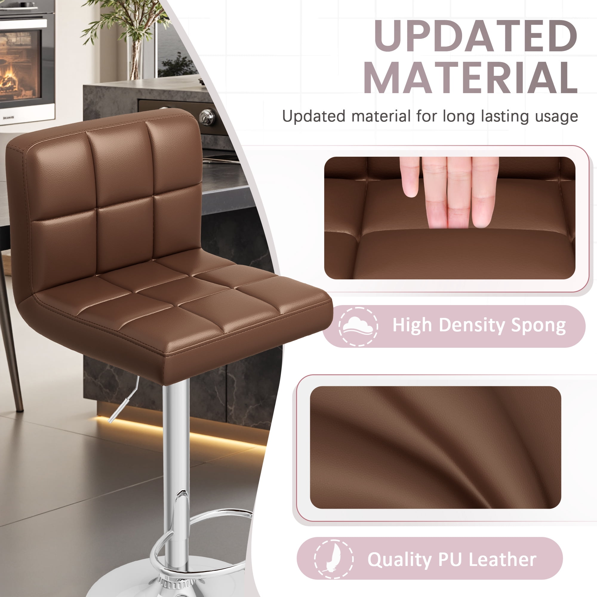 Homall Bar Stools Set of 2 PU Leather Counter Height Adjustable Swivel Barstool with Back for Kitchen, Brown