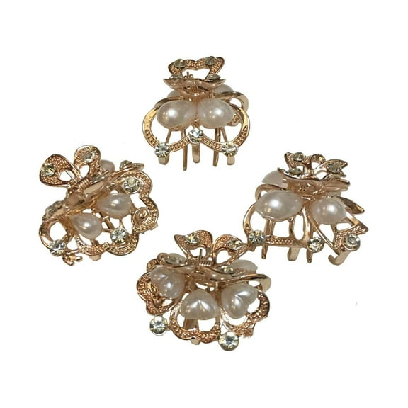 Set of 4 Vintage Pearl Rhinestone Alloy Small Size Butterfly Hair Claw Jaw Clips Pins - Women Fashion Chic Hair Updo Grip Hair Catch Clamp Hair Accessories