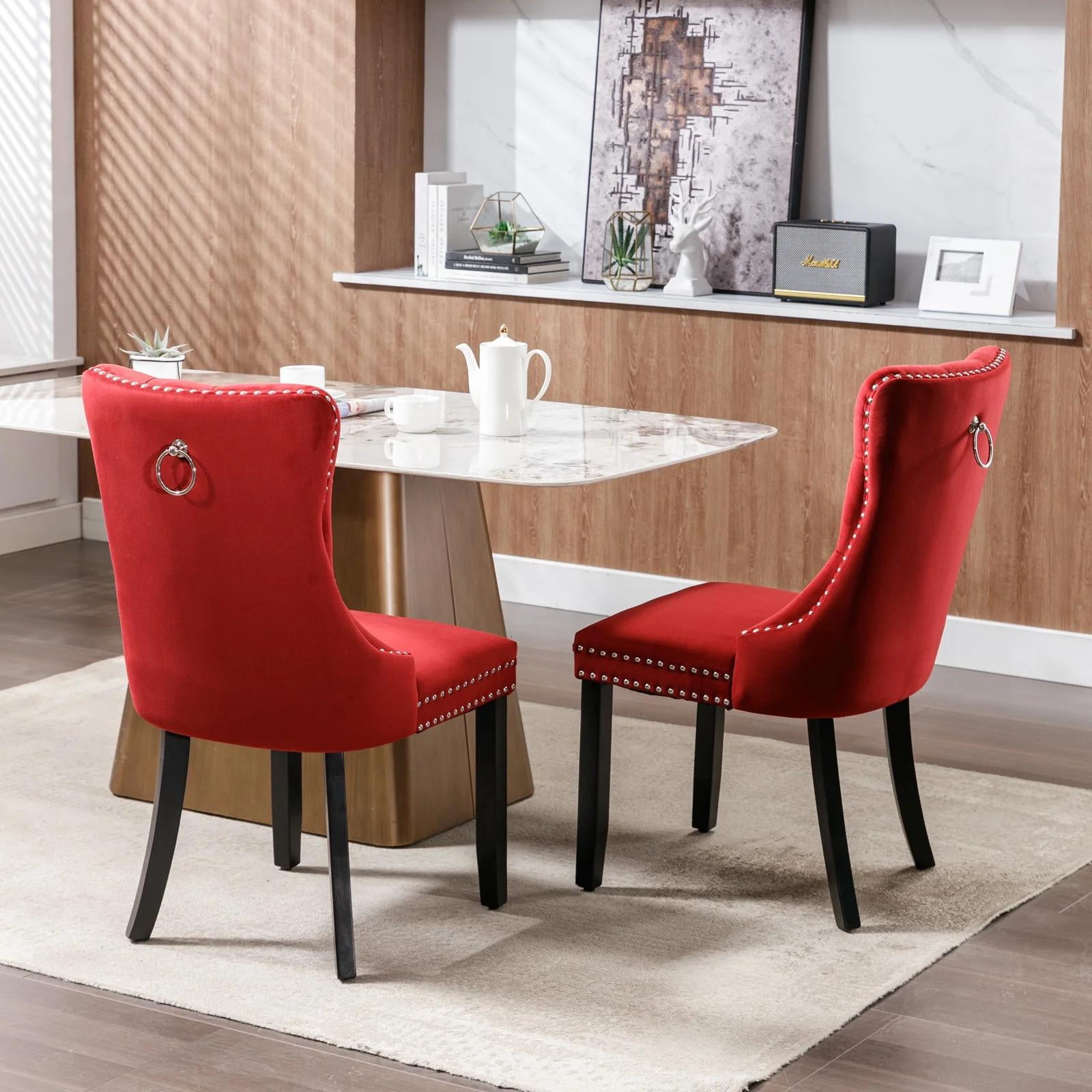 Dining Chairs Set of 2, Upholstered High-End Tufted Dining Room Chair with Back Ring and Nailhead Trim, Modern Velvet Kitchen Chairs with Solid Wood Legs for Kitchen, Home,Wine