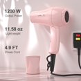 thumbnail image 3 of Mini secador de pelo plegable: secador de pelo ligero de doble voltaje para viajes internacionales, secador de pelo de color rosa compacto de 1200 W con concentrador y bolsa de viaje (rosa claro), 3 of 7