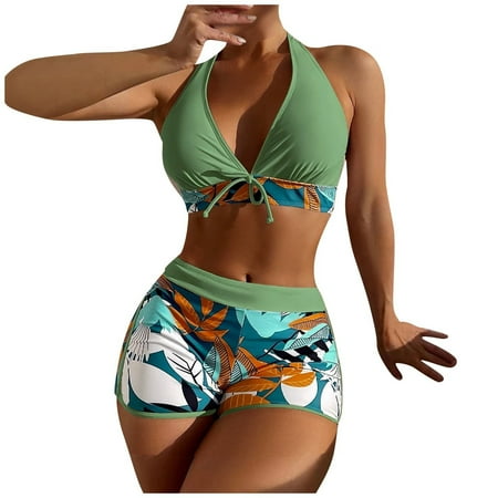 Ovticza Women Swimsuit Halter Push Up Top Boyshort Bikini Set Two Piece Bathing Suit High Waisted Bikini Sets for Women Green L