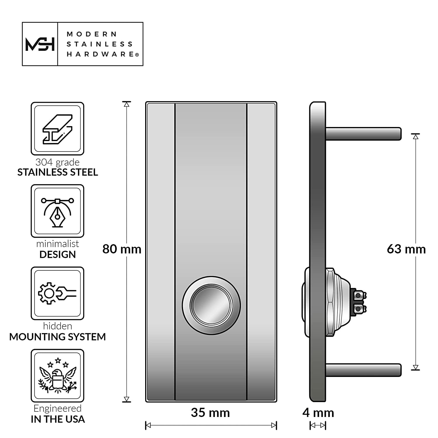 Modern Stainless Hardware R4 Stainless Steel Doorbell Button, 1.37” x 3.14” x 5/32”, 4mm Thick