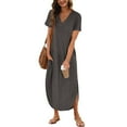 thumbnail image 2 of Women's Casual Loose Sundress 2024 T Shirt Dress Short Sleeve V Neck Solid Color Long Dress Side Split Leisure Dresses With Pockets Casual Loose Flowy Swing Shift Dresses, 2 of 9