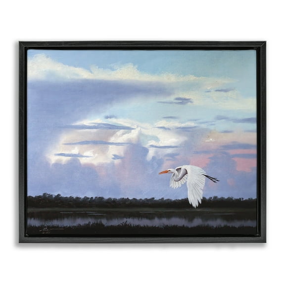 Stupell Industries Heron Flying Through Clouds Animals & Insects Painting Black Floater Framed Canvas Art Print Wall Art, 21 x 17