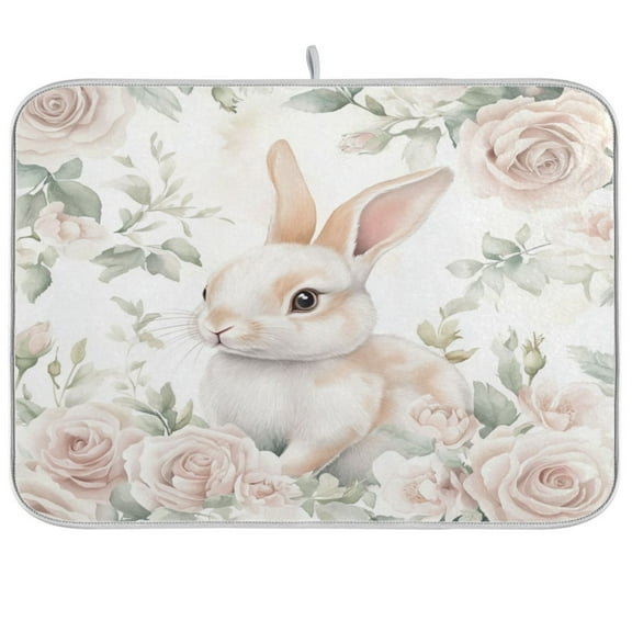 Bunny Surrounded by Roses Dish Drying Mat Kitchen Mats Microfiber Counter Absorbent Dish Pad Drainer Rack