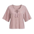 thumbnail image 6 of Feancey Women's Striped Tops Tassel Tie Front Half Sleeve Summer Blouse Casual Loose Fit Crew Neck Shirts Breathable Lightweight Beach Vacation Tshirt Pink L, 6 of 7