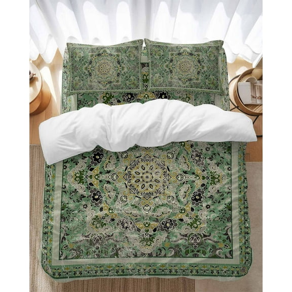 Turkish Boho Bedding Duvet Cover Set Queen Size 4 Pieces Green Wallpaper Murals Retro Medieval Bedding Set with Zipper Closure, 1 Comforter Cover 90x92 Inches 1 Flat Sheet & 2 Pillow Cases