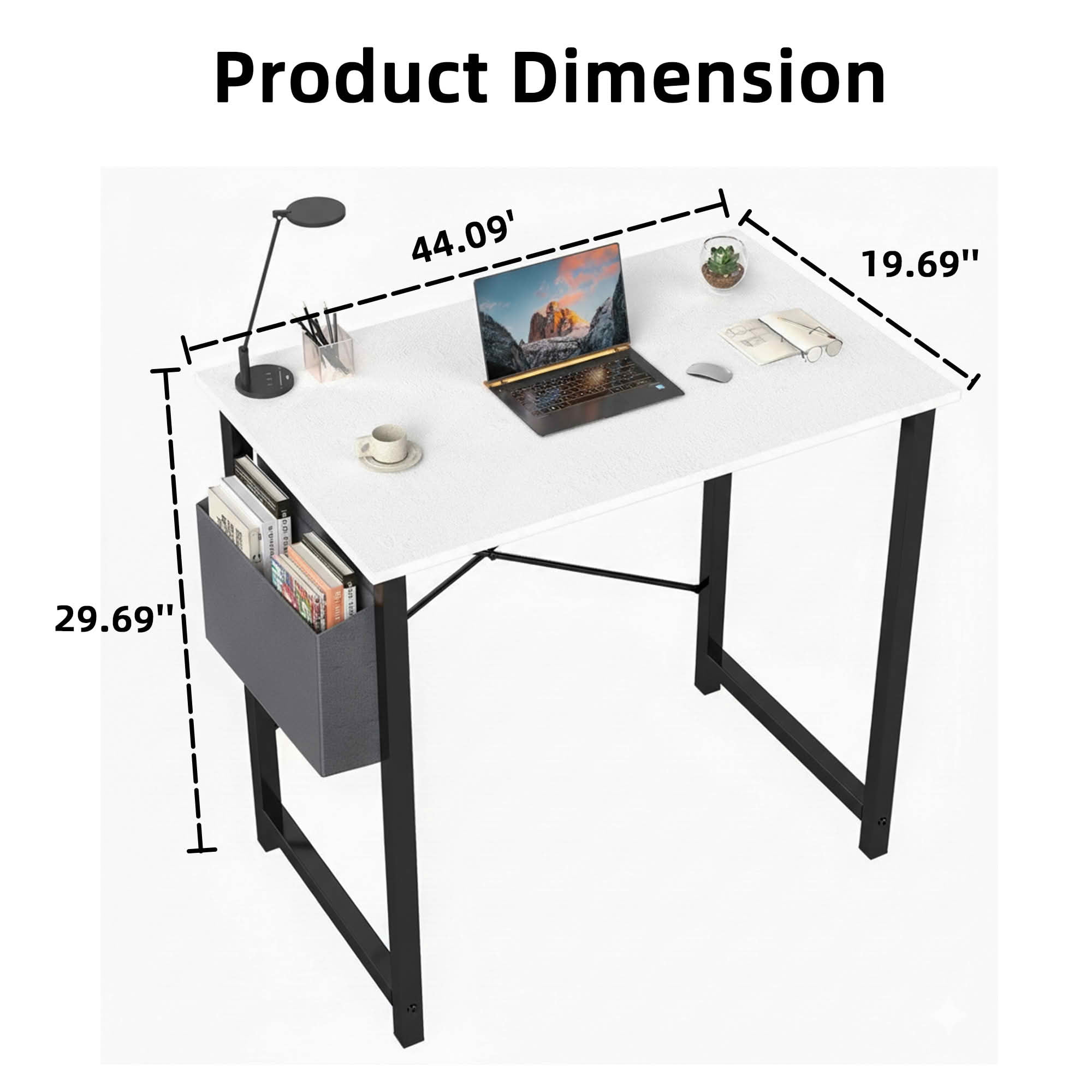 MAYEERTY Office Computer Desk, Fabric Storage Bag, Sturdy Steel Frame & Wooden Tabletop
