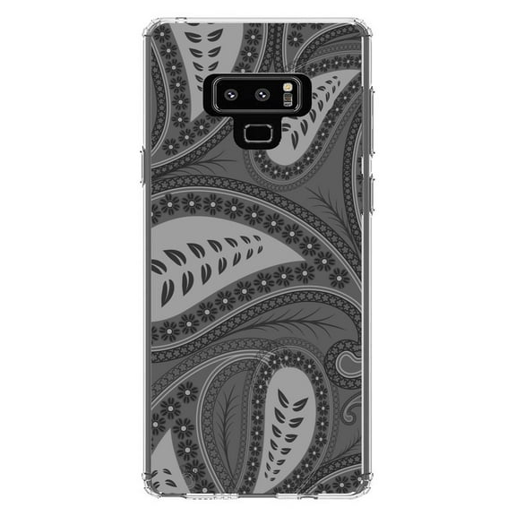 DistinctInk Clear Shockproof Hybrid Case for Samsung Galaxy Note 9 - TPU Bumper, Acrylic Back, Tempered Glass Screen Protector - Big Grey Black Paisley