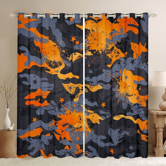 Homewish Kids Orange Camouflage Black Out Curtains, Aesthetic Watercolor Curtains Pack of 2 (42x63 Each), Fashion Artwork Splatter Bedroom Curtains, Window Curtains Bedroom Decor