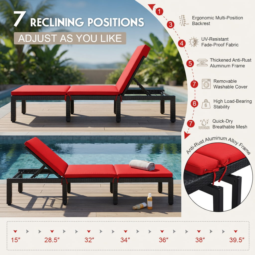 Hommoo Adjustable Height Outdoor Rattan Lounge Chair with Cushion, PE Wicker Patio Chair for Poolside, Garden, Porch, Red & Off-White